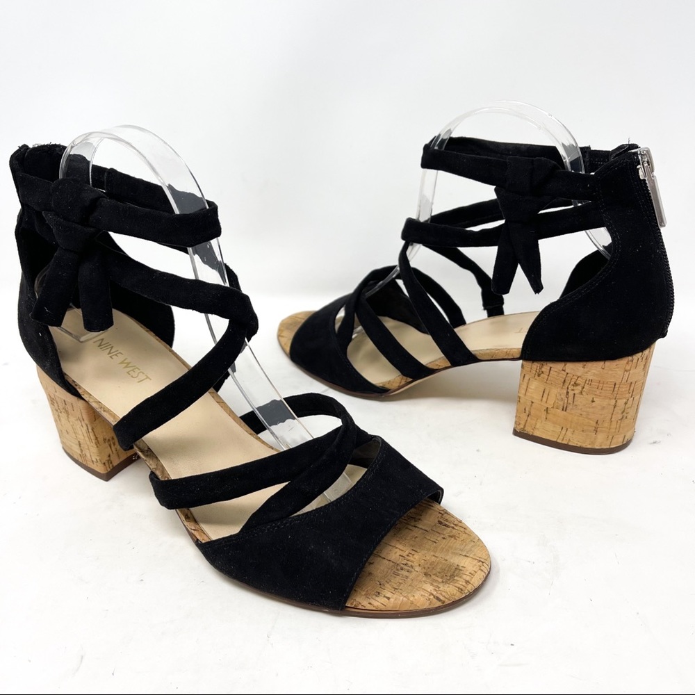 Nine West Give It To Me Strappy Black Open Toe Cork Block Heel Sandal Heels